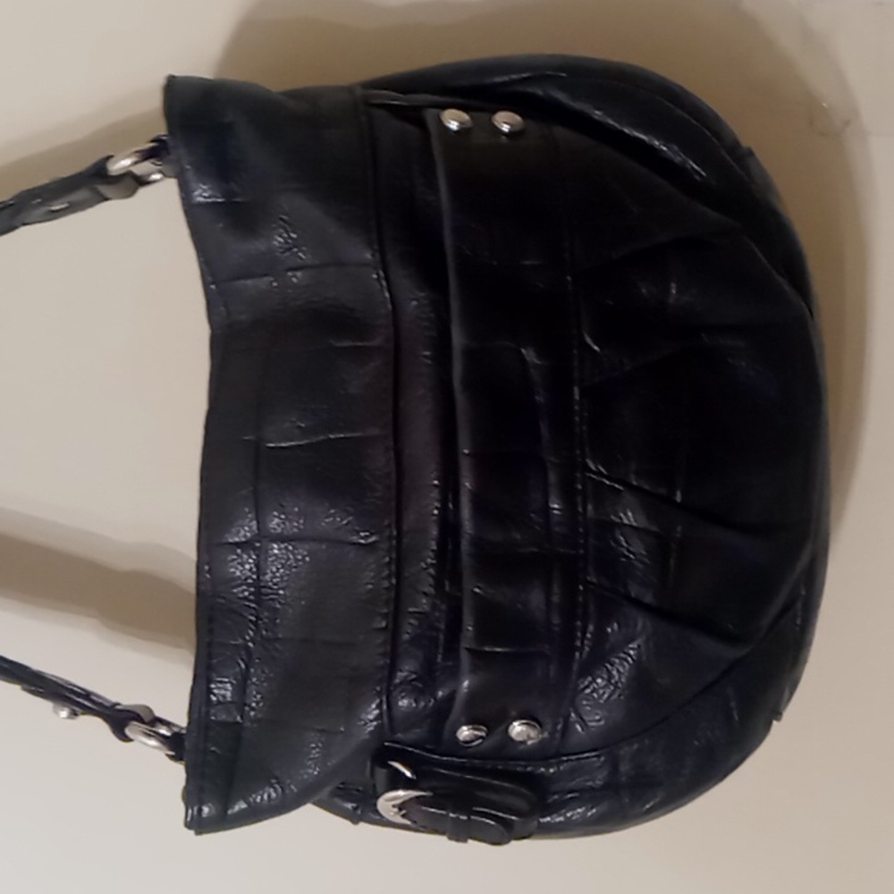 B Makowsky Black Leather Exotic Print Shoulder Bag